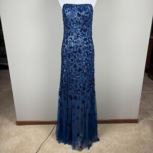 Cache Sequin Gown Dress‎ 2 Blue Strapless Mesh Tulle Romantic Lined Vintage Y2K